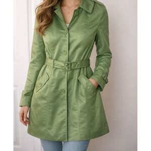 Liz Claiborne Vtg. Womend Sm. Green Trench Rain Coat Belted Lined Spring  Y2K